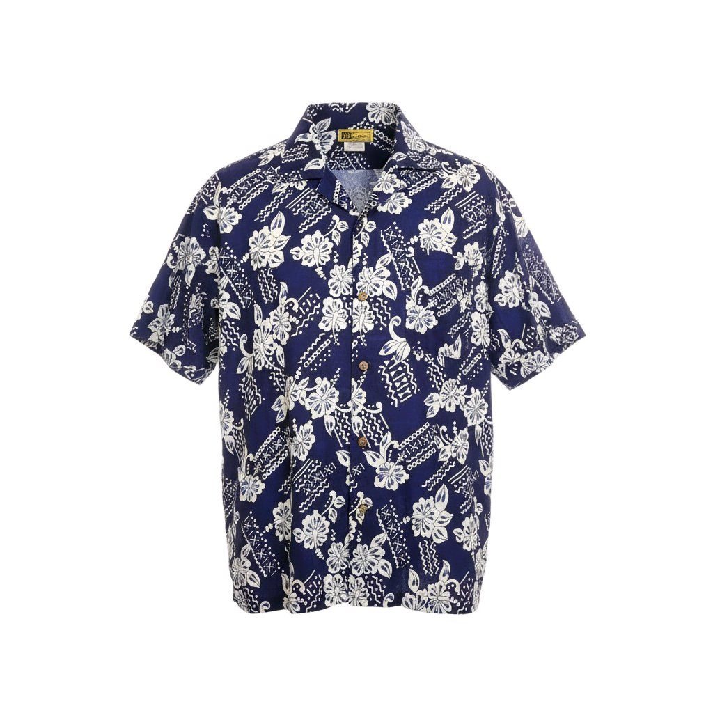 In Gear Men's Hawaiian Shirt Blue White Floral Tribal Print Button Up Xl